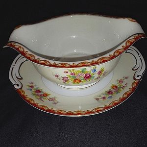 VINTAGE 1920'S DIMOND CHINA JAPAN ROSLYN GRAVY BOAT GOLD TRIM MID CENTURY